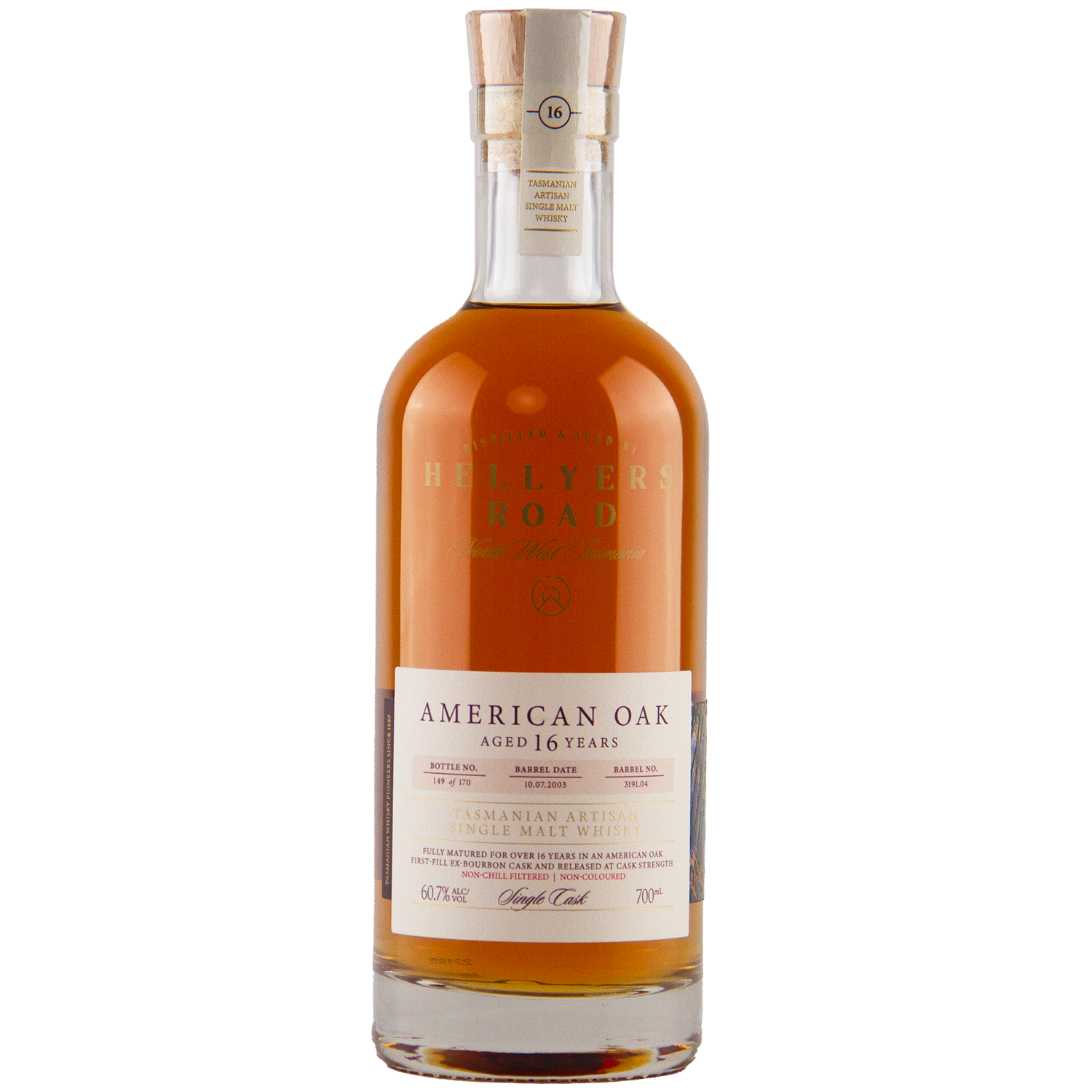 A bottle of Hellyers Road 16 Year Old American Oak Single Cask No. 3191.04 Australian Single Malt Whisky features a cork stopper, copper cap, cream and red label, and holds rich amber-colored spirit aged in American oak.