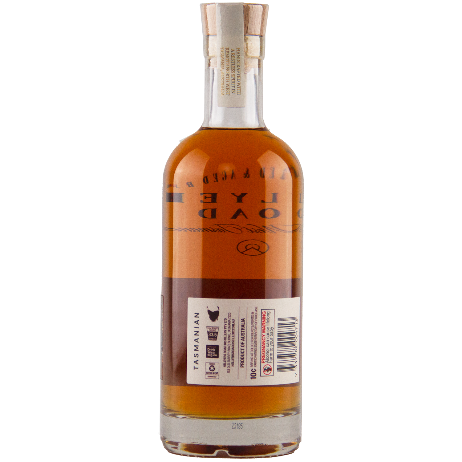 A bottle of brown liquor with a wooden cork, shown from the back. The label features text, barcodes, and a Tasmanian map with Tasmanian printed vertically—featuring Hellyers Road 16 Year Old American Oak Single Cask No. 3191.04 Australian Single Malt Whisky.