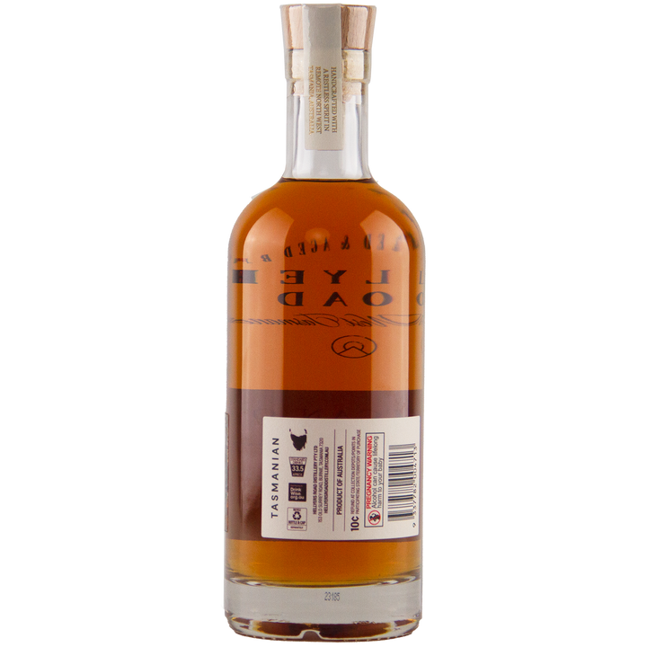 A bottle of brown liquor with a wooden cork, shown from the back. The label features text, barcodes, and a Tasmanian map with Tasmanian printed vertically—featuring Hellyers Road 16 Year Old American Oak Single Cask No. 3191.04 Australian Single Malt Whisky.