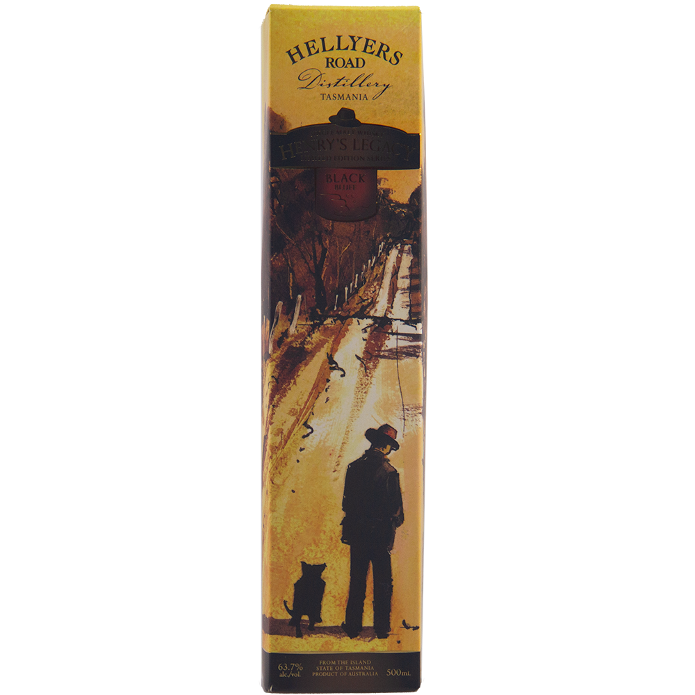 Tall rectangular box of Hellyers Road Henry's Legacy Series Black Buff Australian Single Malt Whisky, with a yellow background and an illustration of a person in a hat walking a dog down a rural path. "Black Label" appears on the limited edition bottle inside.