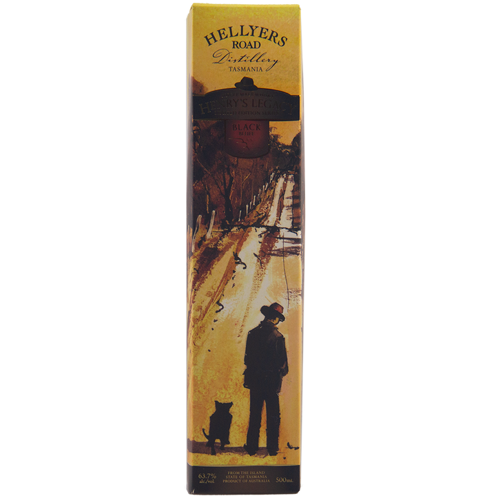Tall rectangular box of Hellyers Road Henry's Legacy Series Black Buff Australian Single Malt Whisky, with a yellow background and an illustration of a person in a hat walking a dog down a rural path. "Black Label" appears on the limited edition bottle inside.