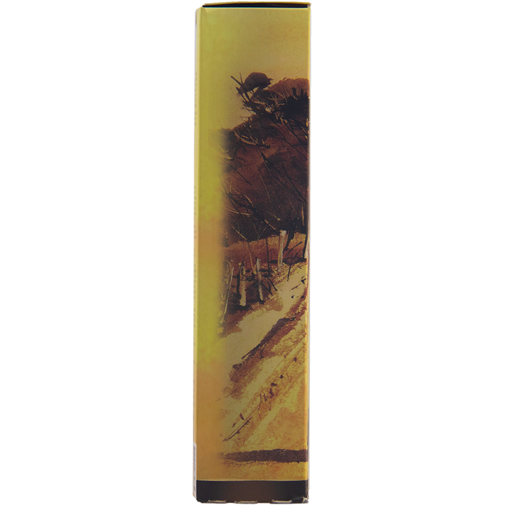 A narrow, rectangular box featuring an illustration of a rural dirt road with trees and a fence in warm browns and yellows evokes the origin of Hellyers Road Henry's Legacy Series Black Buff Australian Single Malt Whisky.