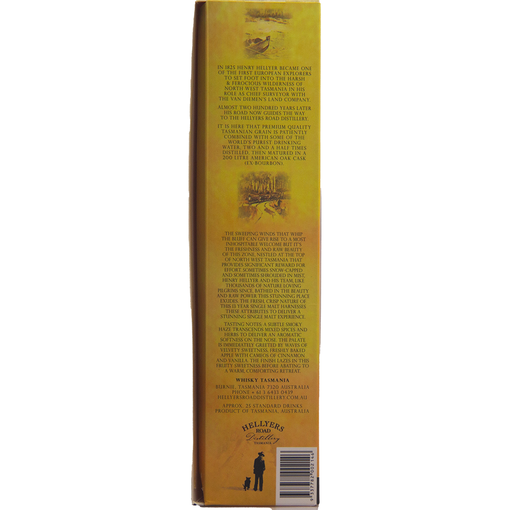 Side view of a yellow Hellyers Road Henry’s Legacy Series Black Buff Australian Single Malt Whisky box with brand history text, two sepia illustrations, a man and dog silhouette at the bottom, and the Hellyers Road Distillery logo.