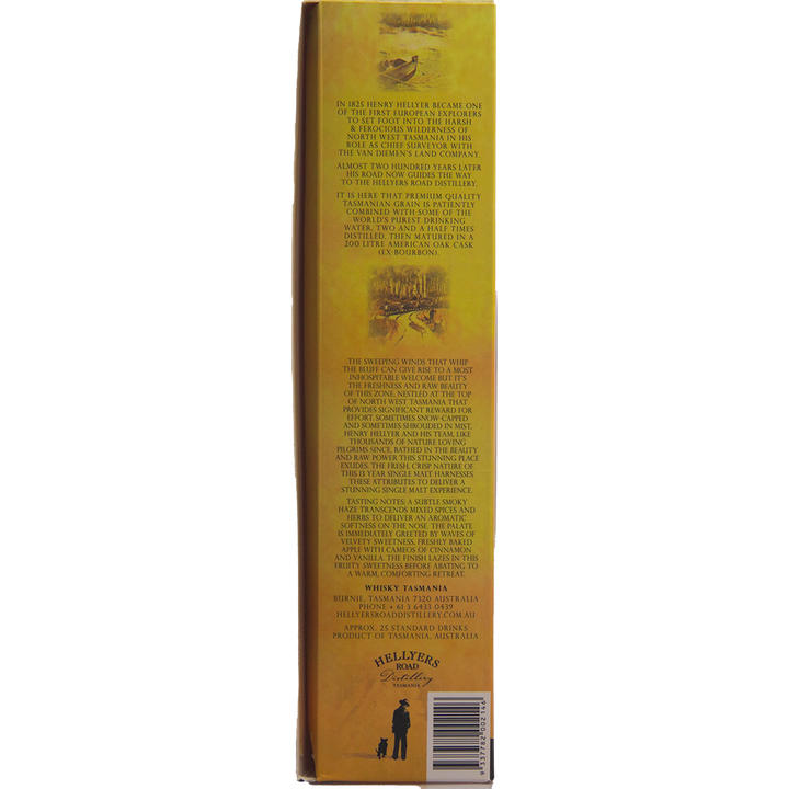 Side view of a yellow Hellyers Road Henry’s Legacy Series Black Buff Australian Single Malt Whisky box with brand history text, two sepia illustrations, a man and dog silhouette at the bottom, and the Hellyers Road Distillery logo.