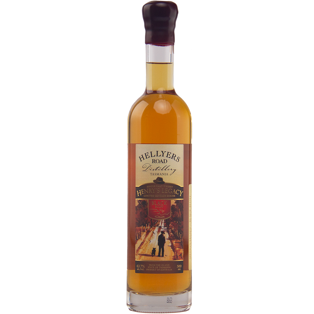 A tall bottle of Hellyers Road Henry's Legacy Series Black Buff Australian Single Malt Whisky features amber liquid, a black wax-sealed cap, and an artistic front label with bold red accents.