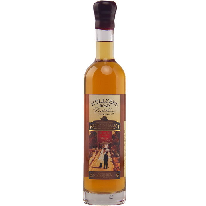 A tall bottle of Hellyers Road Henry's Legacy Series Black Buff Australian Single Malt Whisky features amber liquid, a black wax-sealed cap, and an artistic front label with bold red accents.