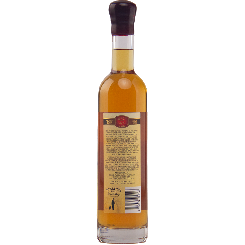 A tall, clear bottle of Hellyers Road Henry's Legacy Series Black Buff Australian Single Malt Whisky, filled with amber liquid, shown from the back with a label and small black logo near the base. The bottle is sealed with dark wax.