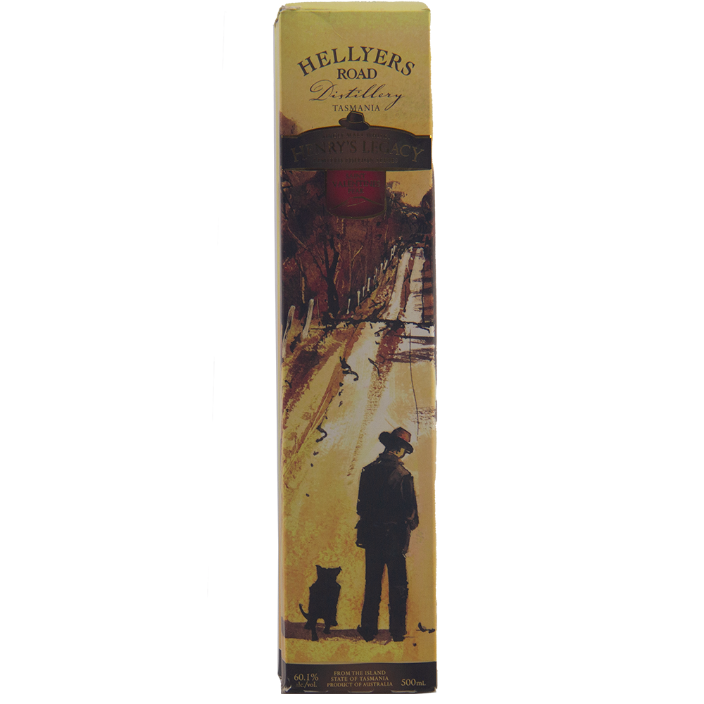 A box of Hellyers Road Saint Valentines Peak Australian Single Malt Whisky with vintage-style artwork showing a person in a hat and a dog on a rural road, plus brand and product details.