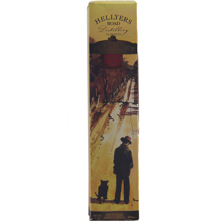 A box of Hellyers Road Saint Valentines Peak Australian Single Malt Whisky with vintage-style artwork showing a person in a hat and a dog on a rural road, plus brand and product details.