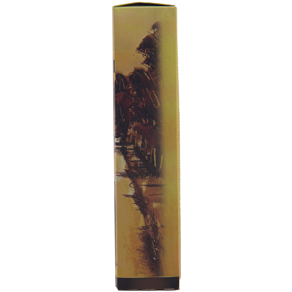 A tall, rectangular box with abstract dark red and black art on a yellow-brown background features indistinct shapes in a vertical layout, perfectly reflecting the Hellyers Road Saint Valentines Peak Australian Single Malt Whisky style.