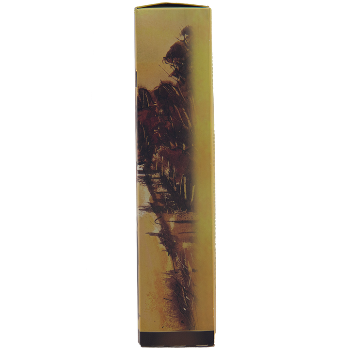 A tall, rectangular box with abstract dark red and black art on a yellow-brown background features indistinct shapes in a vertical layout, perfectly reflecting the Hellyers Road Saint Valentines Peak Australian Single Malt Whisky style.