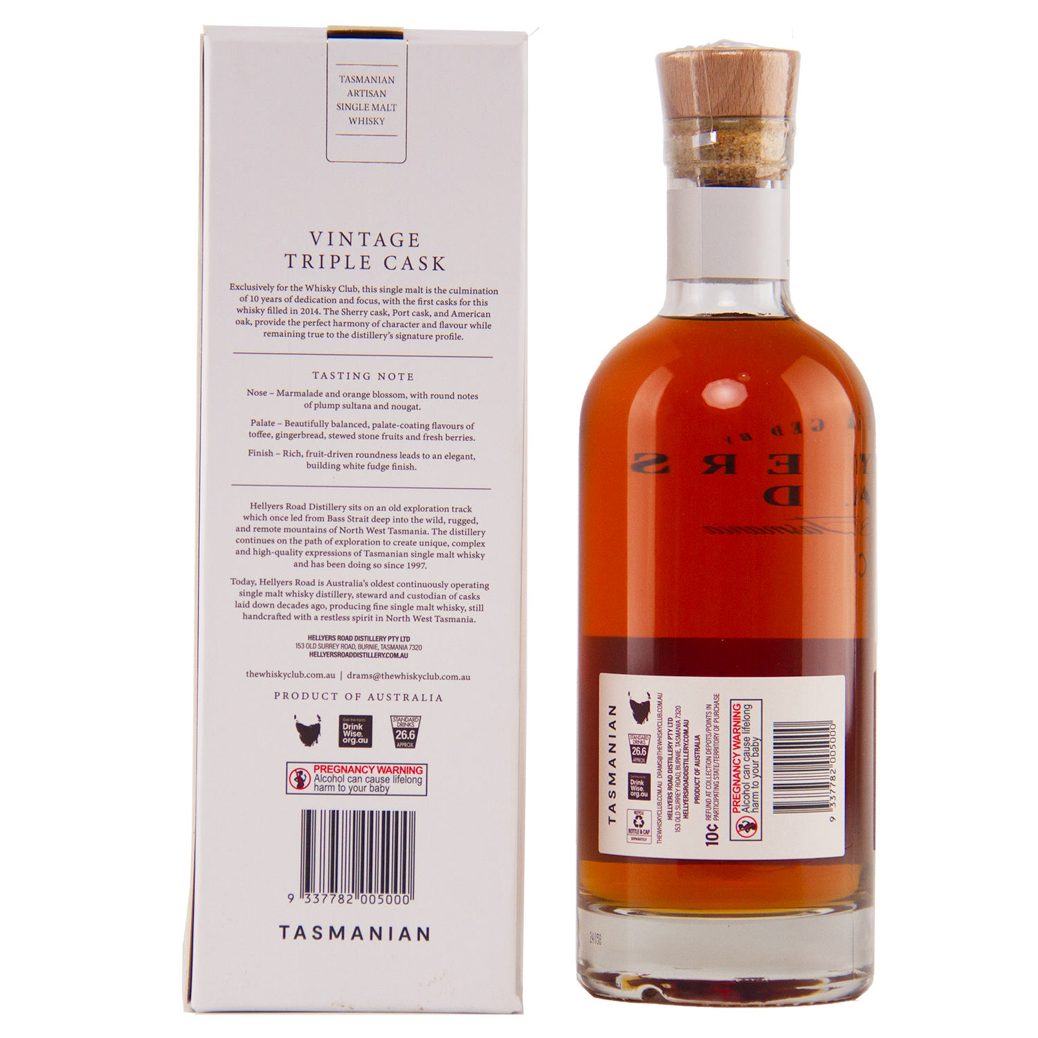 A bottle of Hellyers Road Vintage Triple Cask Australian Single Malt Whisky stands next to its box, showcasing a detailed label and cork stopper. The white box displays tasting notes and information in black, exclusive to The Whisky Club.