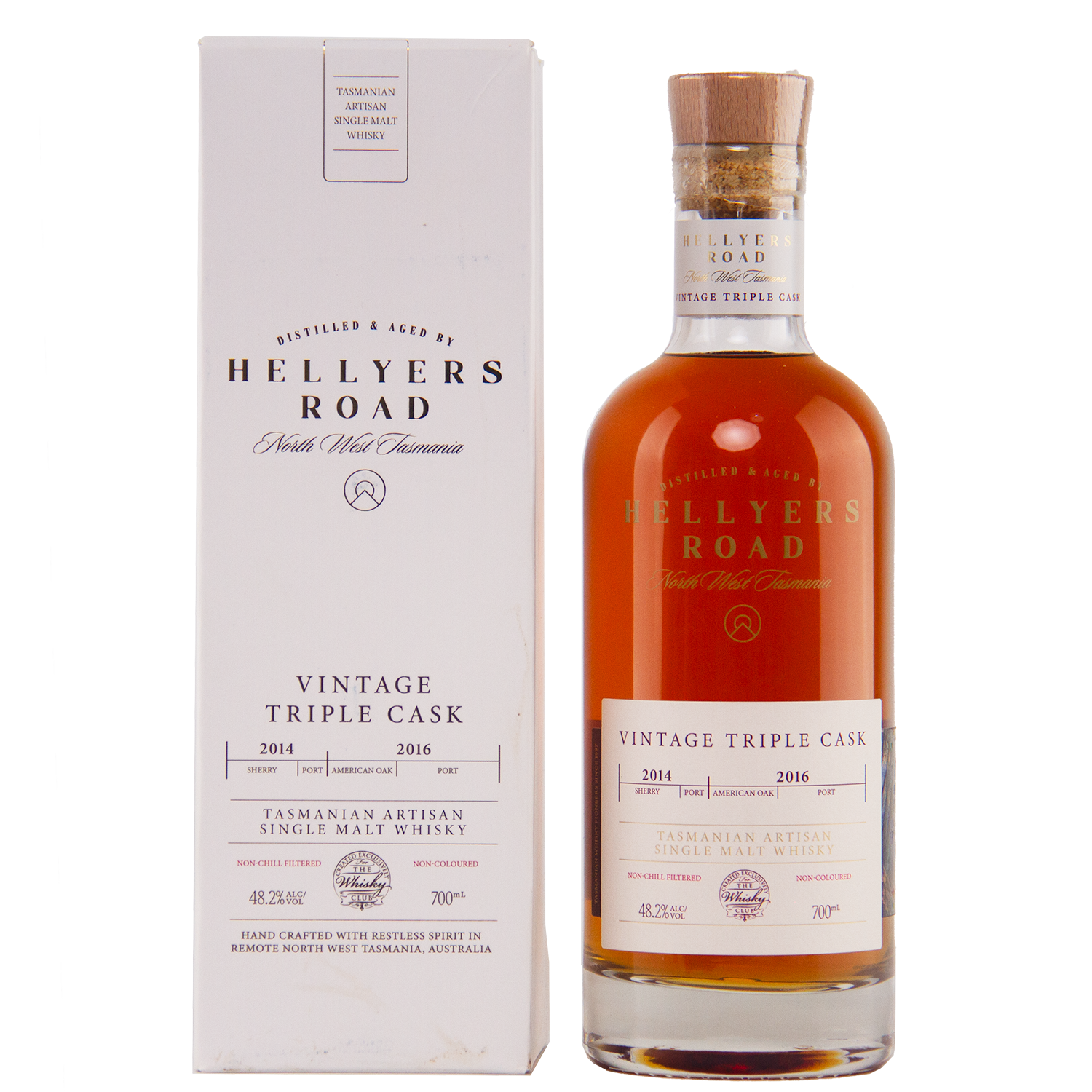 A bottle of Hellyers Road Vintage Triple Cask Australian Single Malt Whisky stands beside its white box, both adorned with gold and red lettering highlighting cask years, origin, and volume—an exclusive for The Whisky Club.