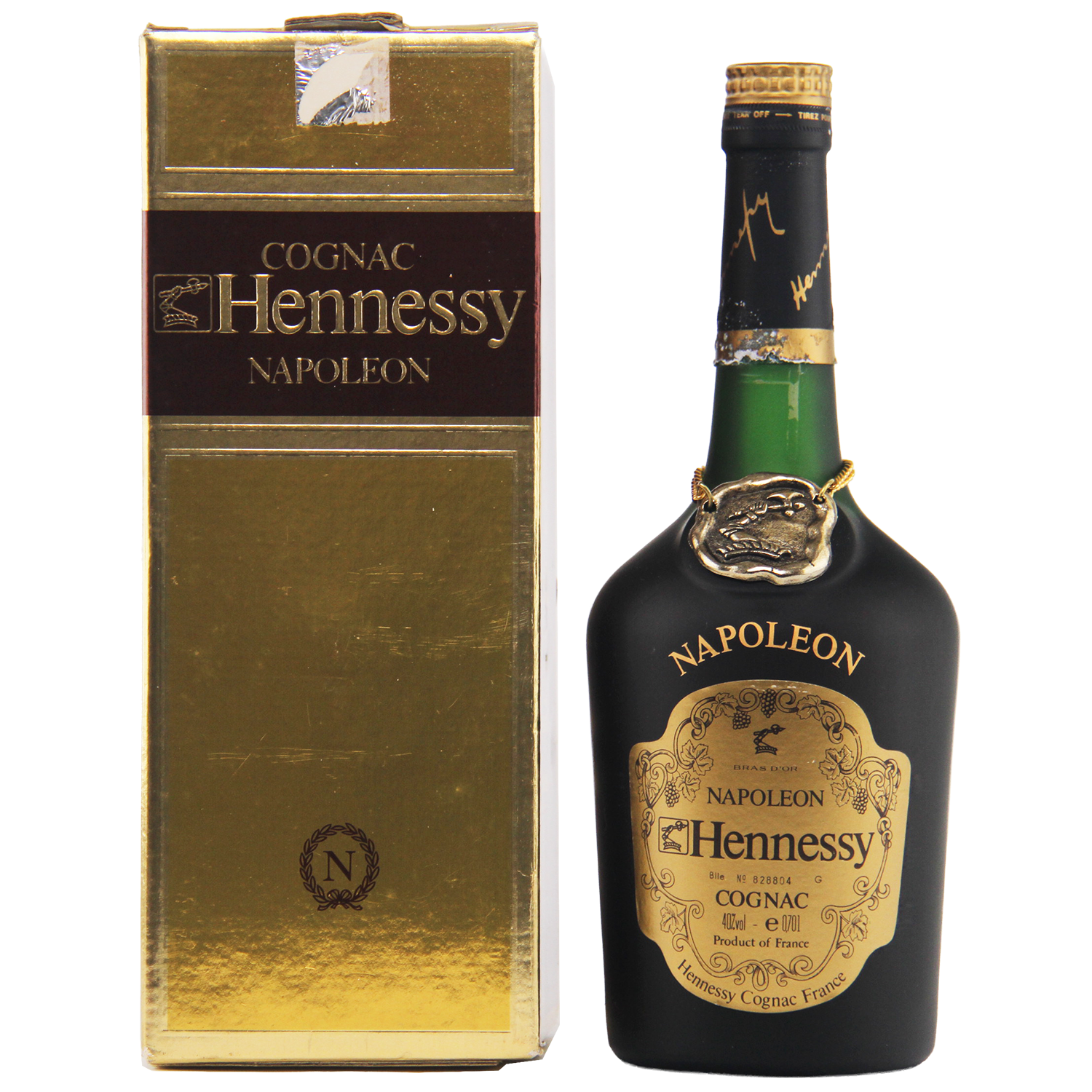 Hennessy Napoleon Cognac bottle and packaging on a white background