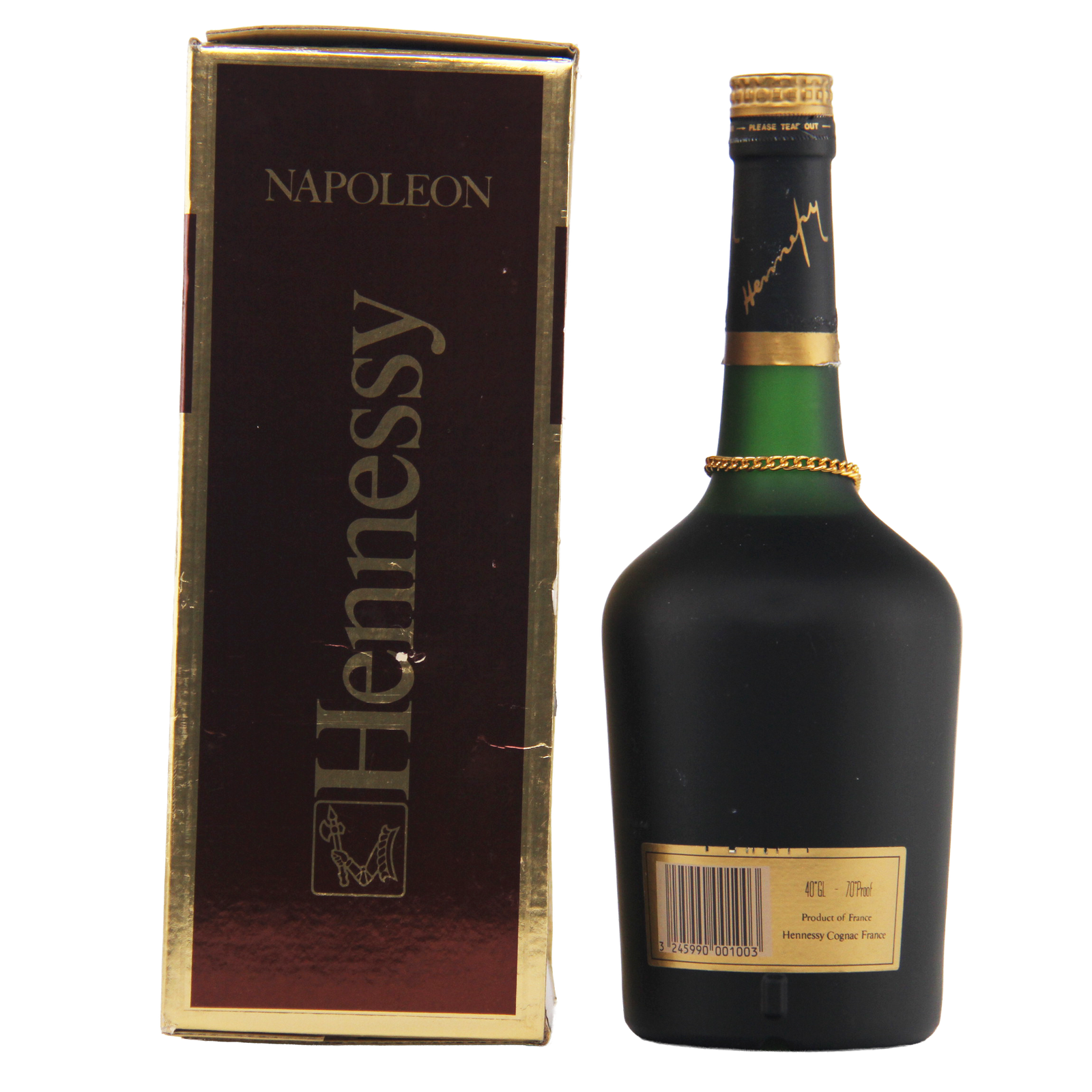 Hennessy Napoleon cognac bottle and box on a white background