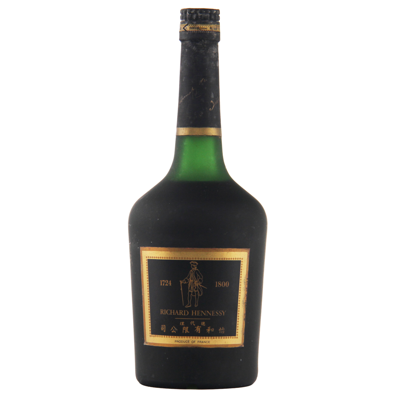 Bottle of Hennessy cognac with a black label on a white background