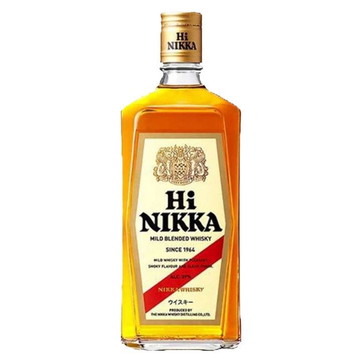 A bottle of Nikka Hi Nikka Blended Japanese Whisky with a gold cap and a front label featuring black and red text displays branding and details. The whisky inside is amber-colored.