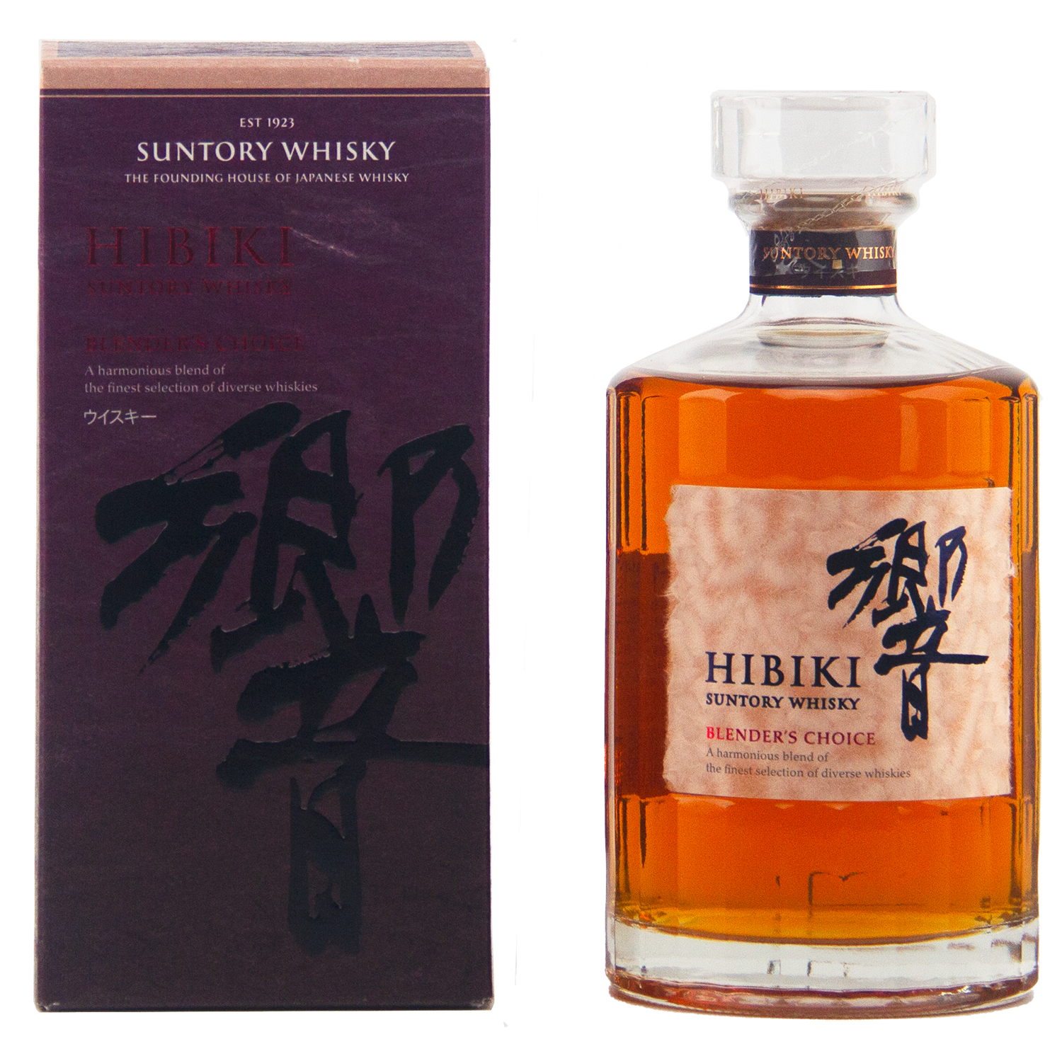 A bottle of Hibiki Blenders Choice Blended Japanese Whisky sits beside its maroon and gold box, both featuring Japanese kanji and English text. The Suntory whisky inside gleams with a rich amber color.