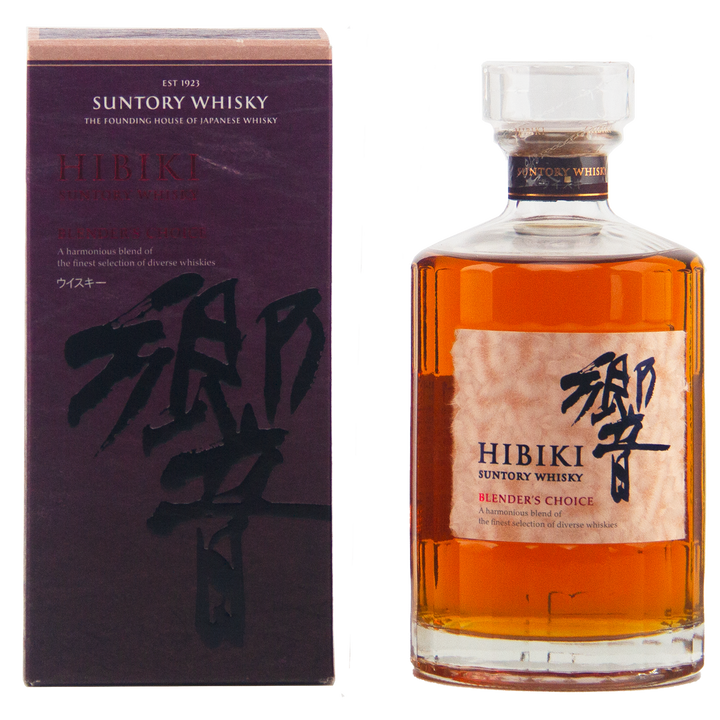 A bottle of Hibiki Blenders Choice Blended Japanese Whisky sits beside its maroon and gold box, both featuring Japanese kanji and English text. The Suntory whisky inside gleams with a rich amber color.