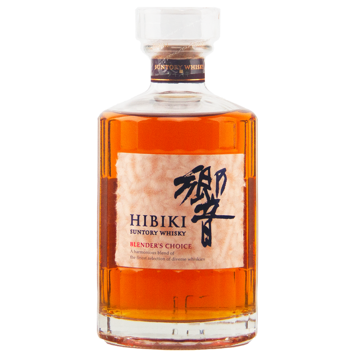 A bottle of Hibiki Blenders Choice Blended Japanese Whisky features amber liquid, a clear glass stopper, and a textured label with Japanese and English text, reflecting Suntory's elegant craftsmanship.
