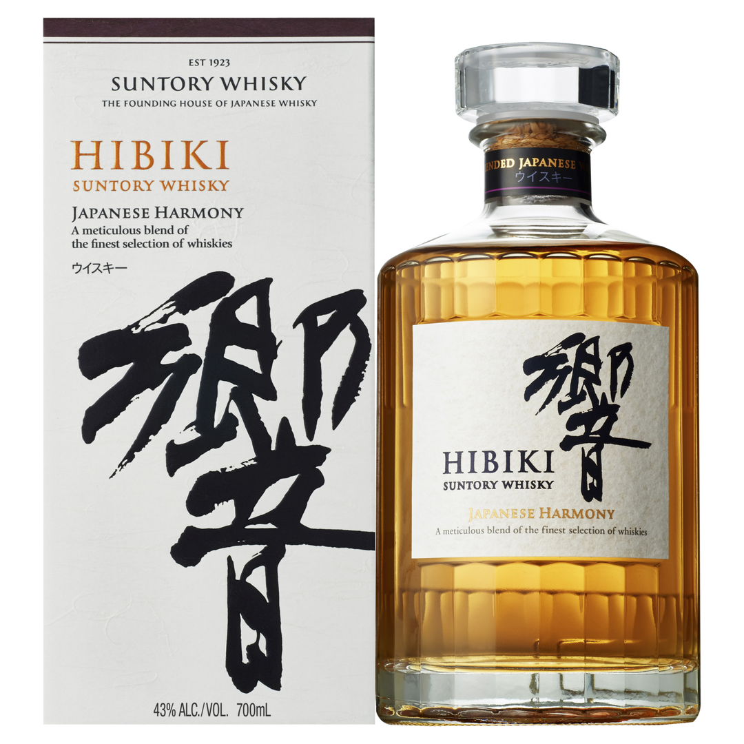 A bottle of Hibiki Japanese Harmony Blended Japanese Whisky with a matching box, featuring bold black calligraphy and gold text that highlight the elegance and refined blend of this premium Suntory whisky.
