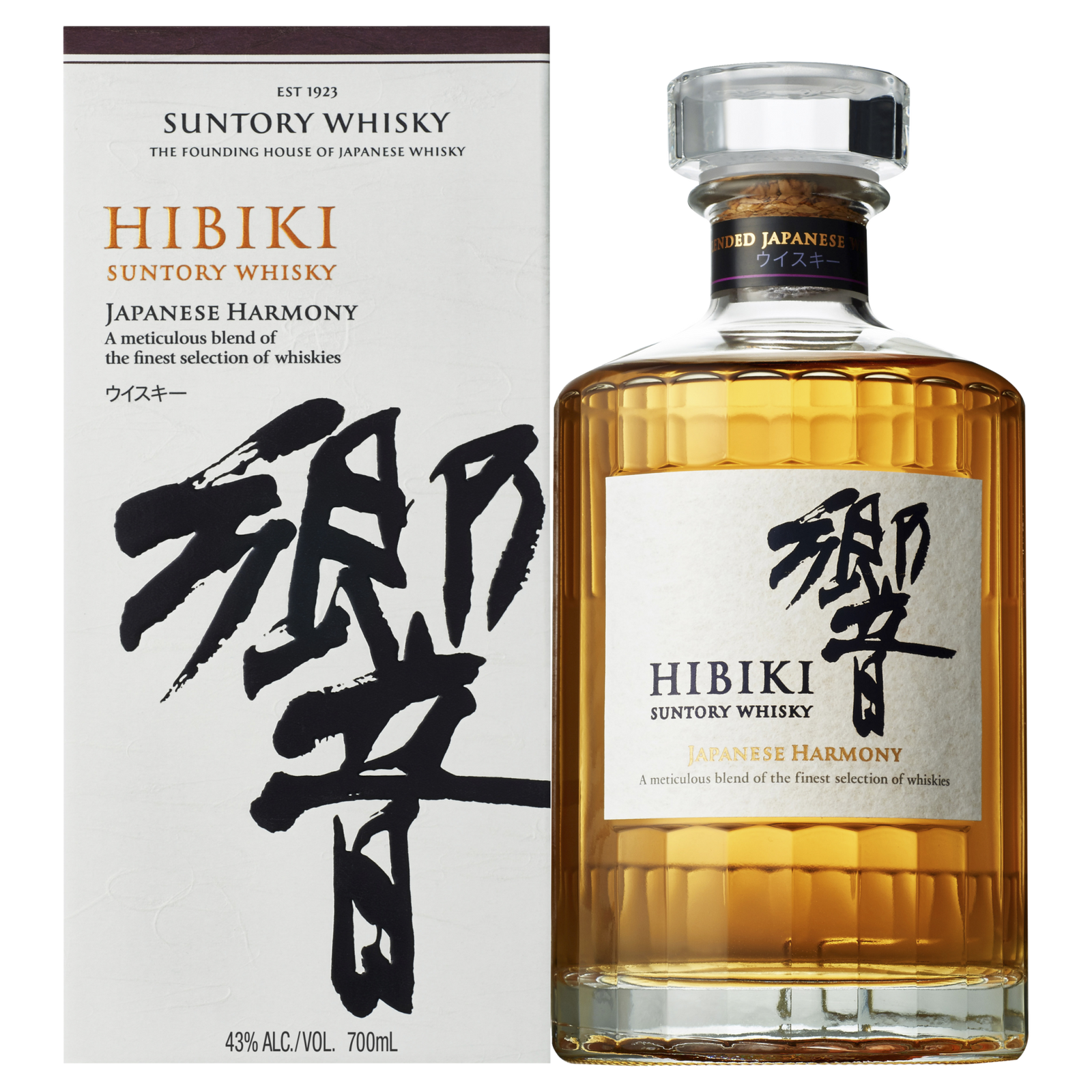 A bottle of Hibiki Japanese Harmony Blended Japanese Whisky with a matching box, featuring bold black calligraphy and gold text that highlight the elegance and refined blend of this premium Suntory whisky.