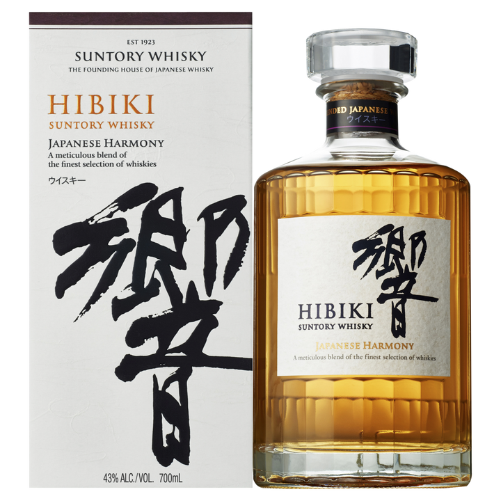 A bottle of Hibiki Japanese Harmony Blended Japanese Whisky with a matching box, featuring bold black calligraphy and gold text that highlight the elegance and refined blend of this premium Suntory whisky.
