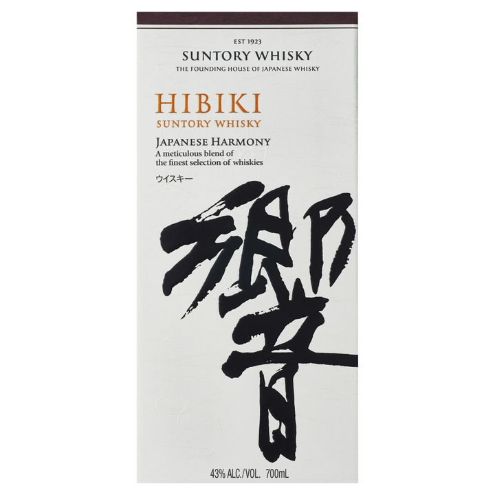 Front of a Hibiki Japanese Harmony Blended Japanese Whisky box with Japanese and English text, bold black calligraphy, "43% ALC./VOL. 700ml," and "The Founding House of Japanese Whisky" details.