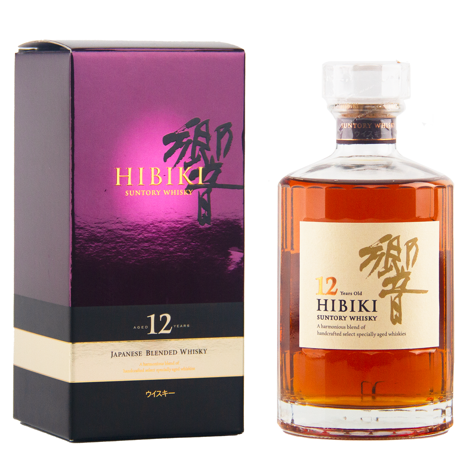 A bottle of Hibiki 12 Year Old Japanese Blended Whisky with a clear stopper stands beside its purple and gold box, both featuring Japanese characters and product details.