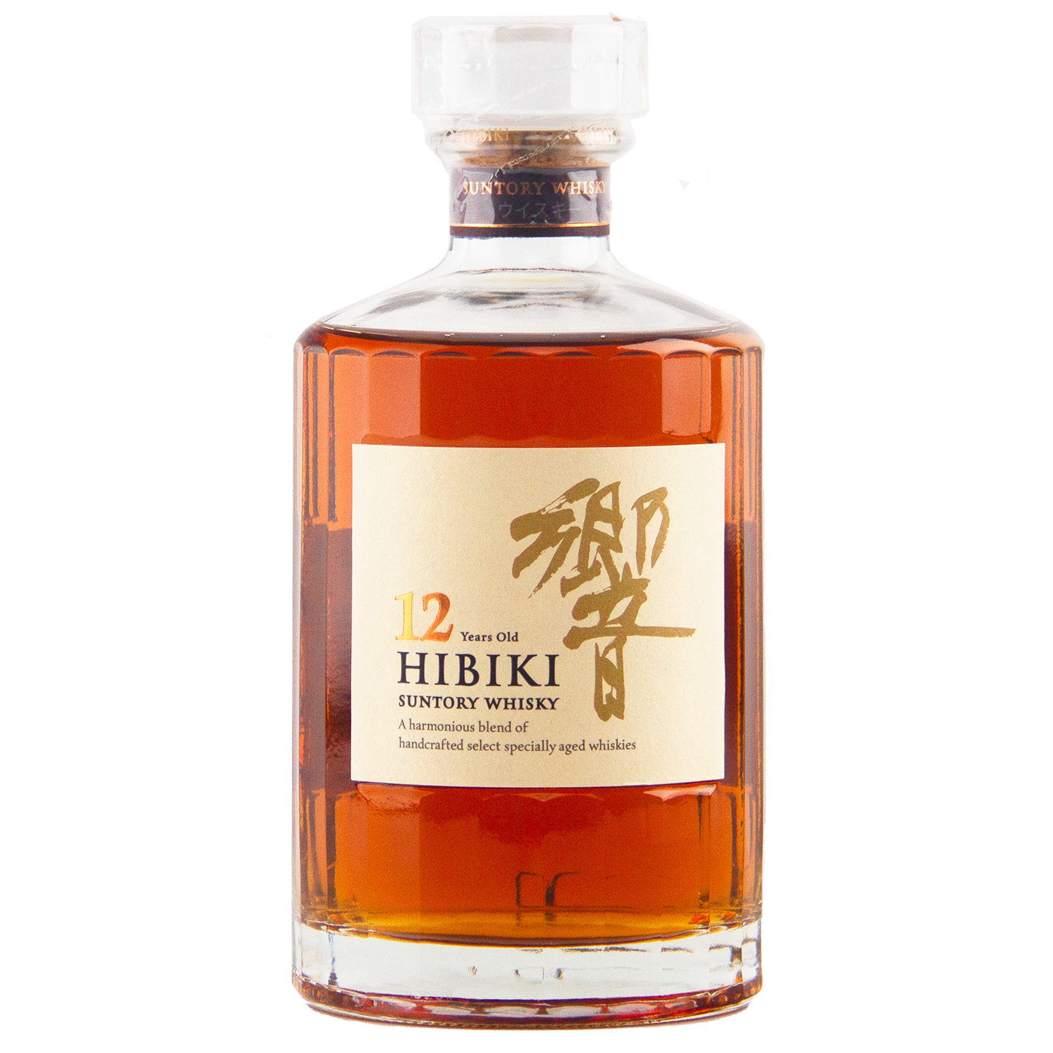 A bottle of Hibiki 12 Year Old Japanese Blended Whisky with amber liquid inside, a clear stopper, and a beige label featuring gold Japanese characters and black English text.