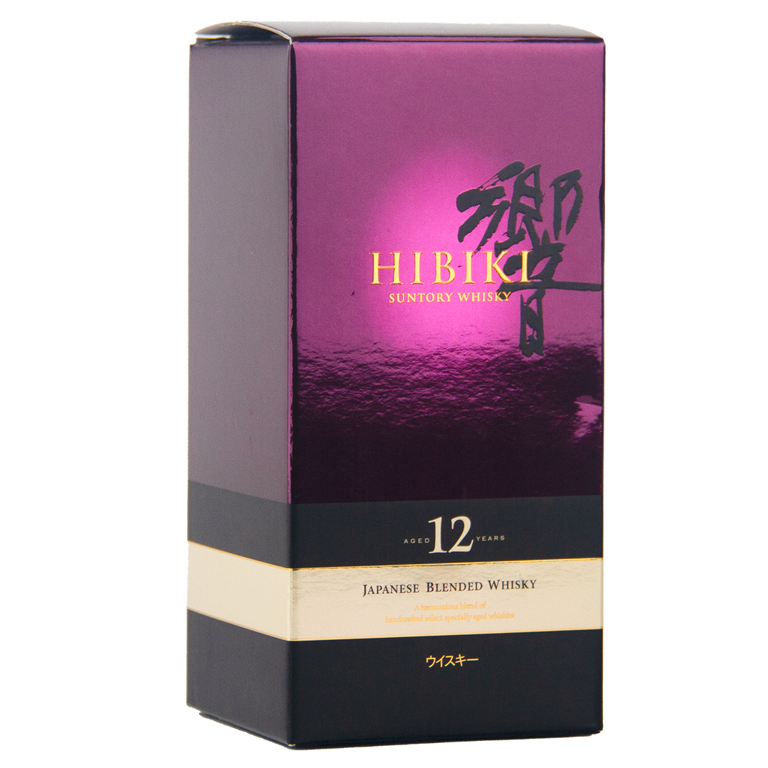 A purple and black box of Hibiki 12 Year Old Japanese Blended Whisky, featuring gold and black text, Japanese characters, and labeled as aged 12 years.
