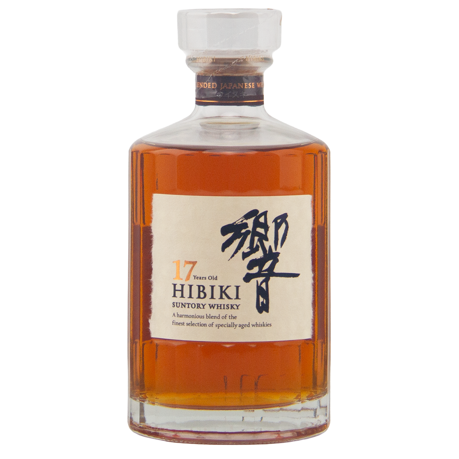 A bottle of Hibiki 17 Year Old Japanese Blended Malt Whisky in a clear glass decanter with stopper, white label with Japanese characters and details, and amber liquid crafted with rare Mizunara oak influence.