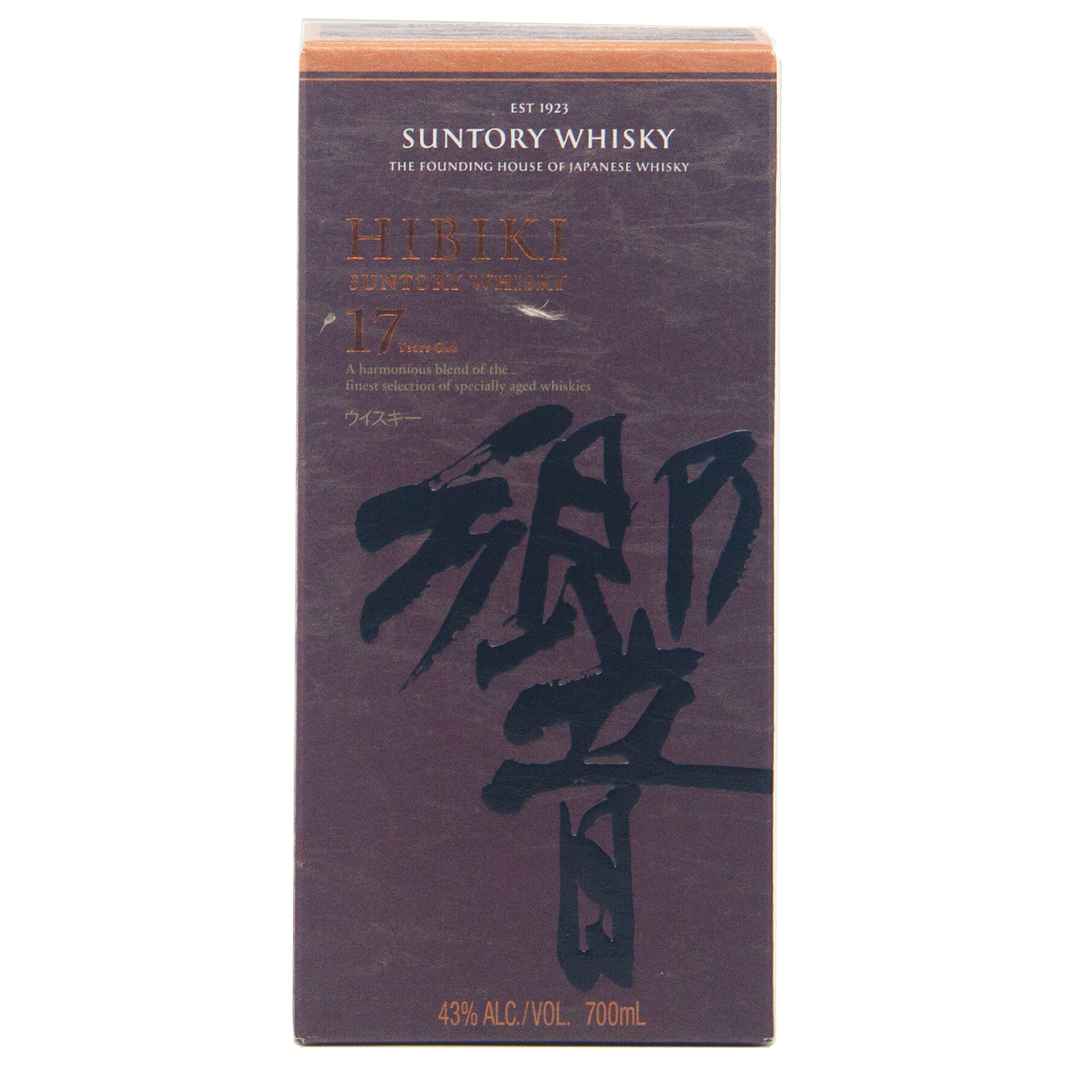 A box of Hibiki 17 Year Old Japanese Blended Malt Whisky, adorned with gold and black Japanese text, showcases its 700ml bottle, 43% ABV, and refined Mizunara oak influence.