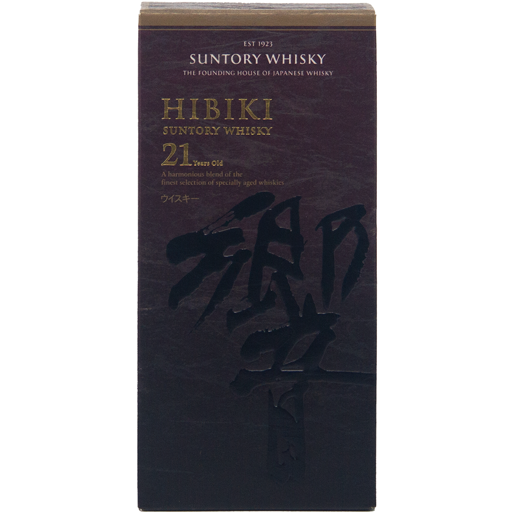 A box of Hibiki 21 Year Old Japanese Blended Malt Whisky, adorned with gold and white text on a dark background with Japanese characters, showcases elegant branding and the influence of Mizunara oak.