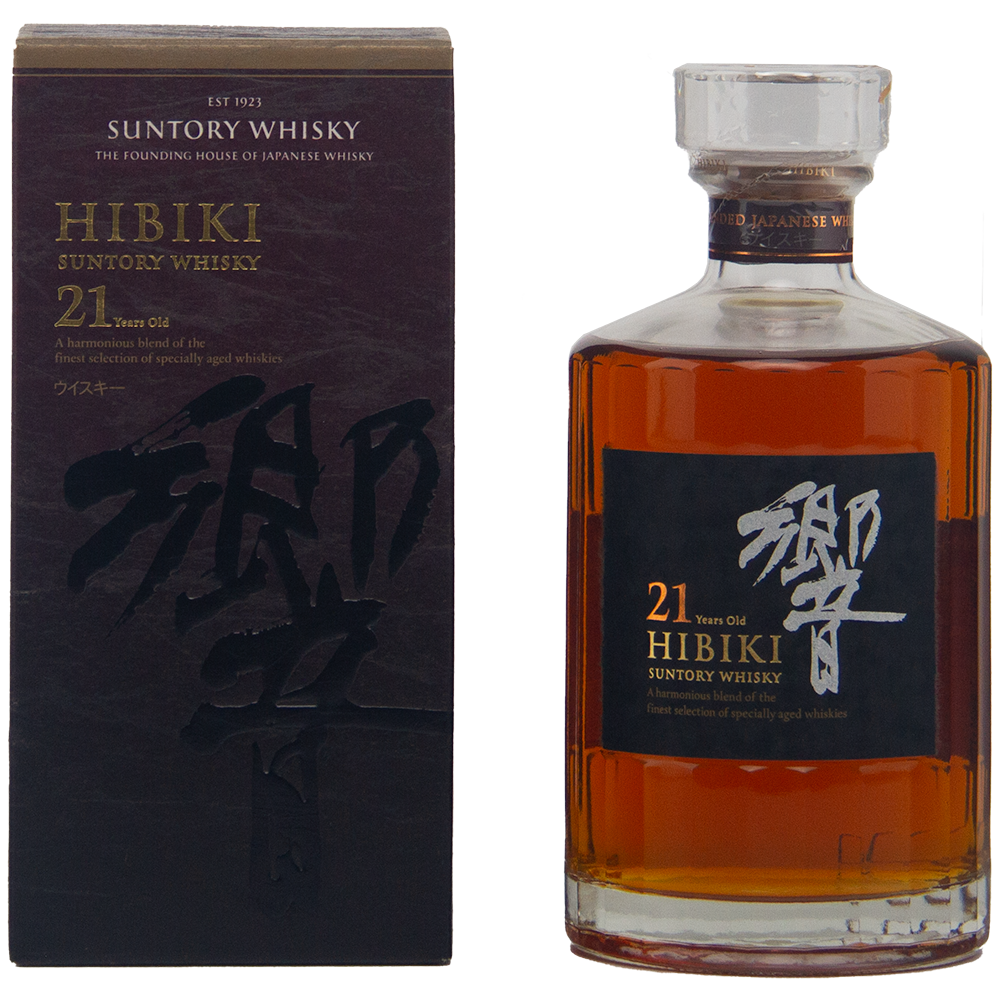A bottle of Hibiki 21 Year Old Japanese Blended Malt Whisky with a glass stopper, elegant label, and matching dark box featuring gold and white lettering. This rare malt is aged in Mizunara oak.