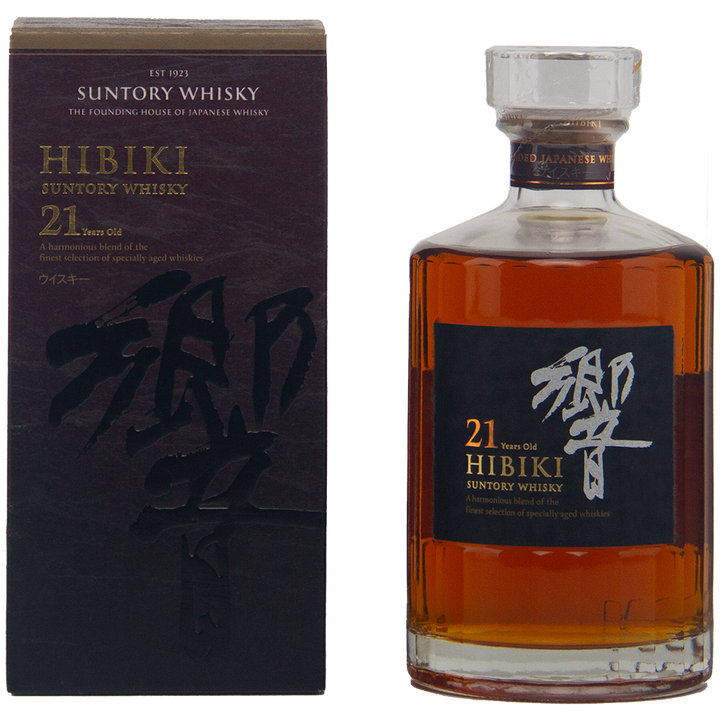 A bottle of Hibiki 21 Year Old Japanese Blended Malt Whisky with a glass stopper, elegant label, and matching dark box featuring gold and white lettering. This rare malt is aged in Mizunara oak.