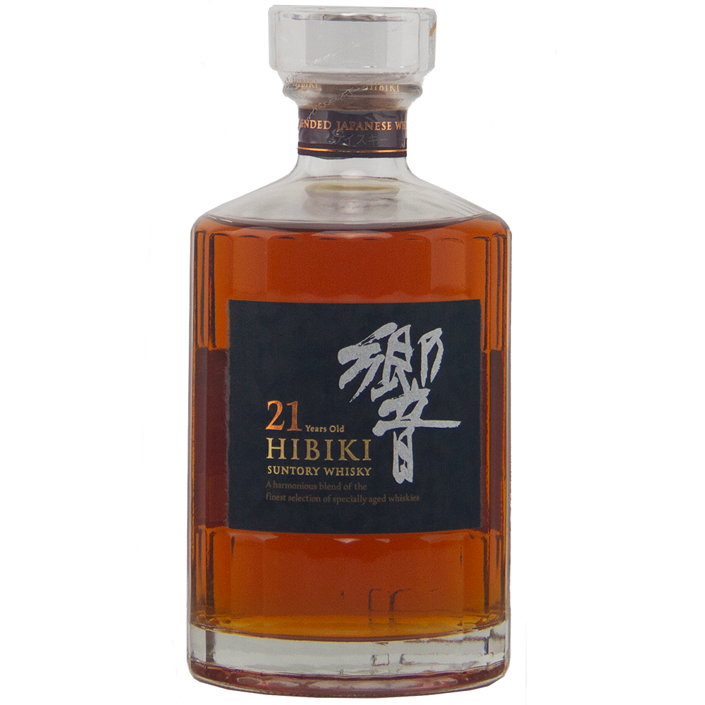 A bottle of Hibiki 21 Year Old Japanese Blended Malt Whisky, featuring amber liquid and Japanese characters on the label, matured in prized Mizunara oak for a refined, complex flavor.