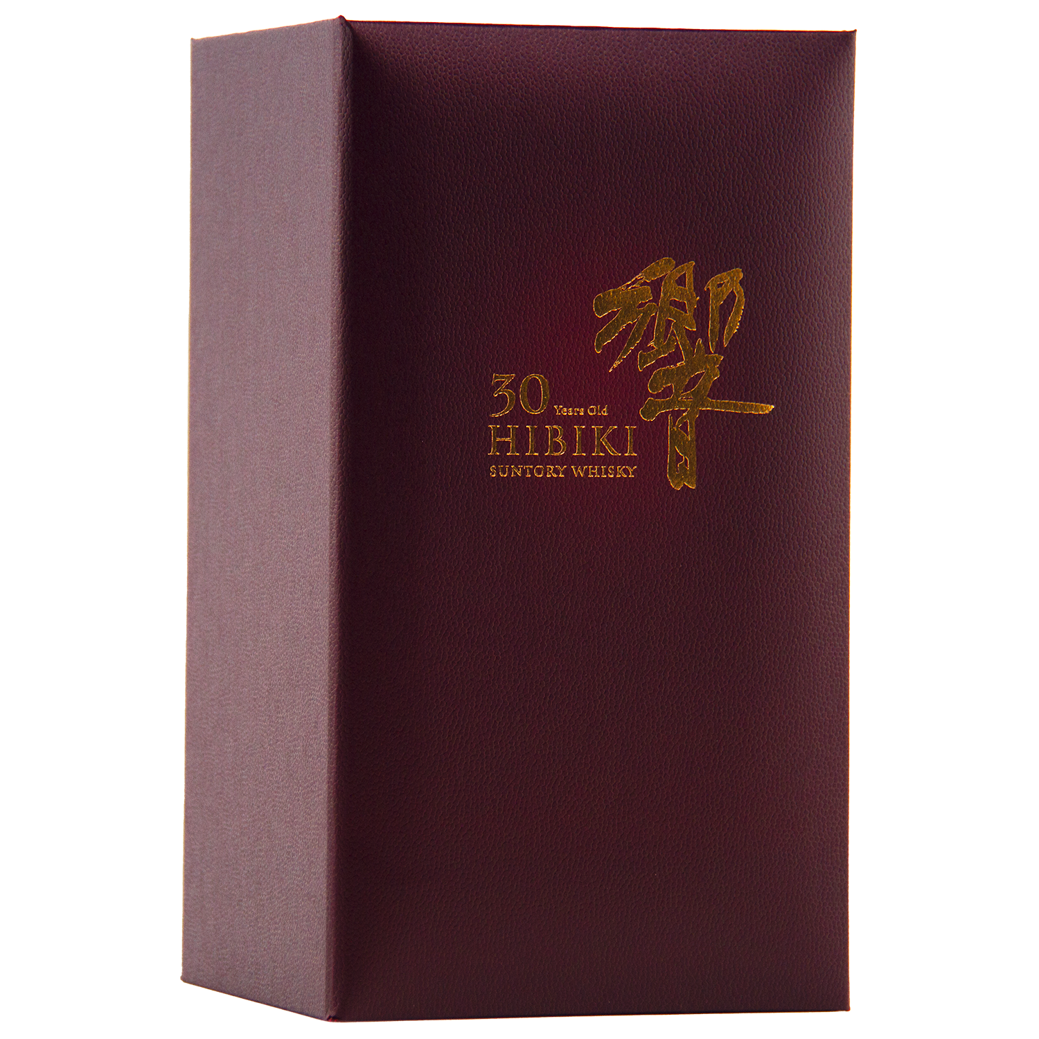 A maroon box with gold Japanese characters and “Hibiki 30 Year Old Japanese Blended Malt Whisky” on the front, its upright shape and clean edges highlighting the elegance of this prized release.
