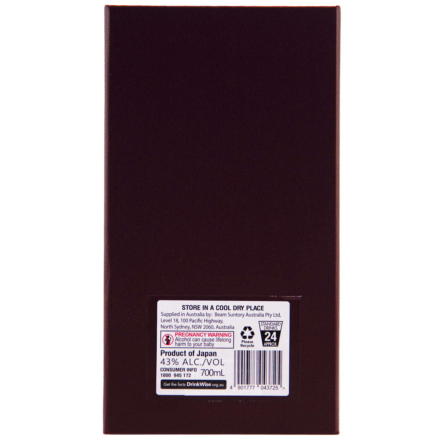 Back of a rectangular, dark box with a white label displaying storage instructions, 43% Alc/Vol, 700mL, barcode, Suntory branding, and warning symbols for Hibiki 30 Year Old Japanese Blended Malt Whisky.