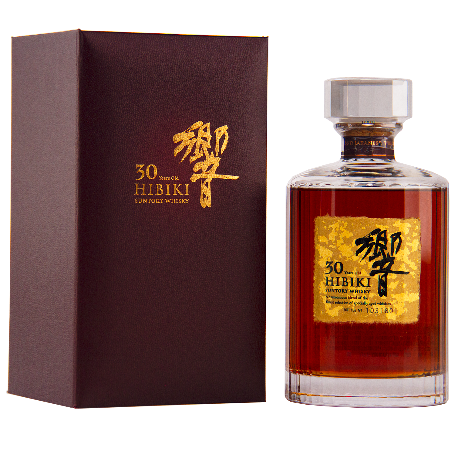 A bottle of Hibiki 30 Year Old Japanese Blended Malt Whisky with a gold-accented label stands beside its matching burgundy gift box with gold lettering on a white background.