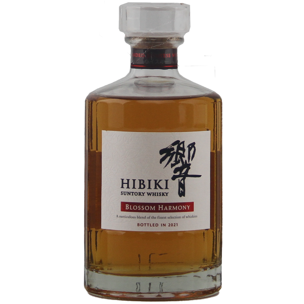 A bottle of Hibiki Blossom Harmony 2021 Japanese Blended Malt Whisky, a limited-edition release from 2021, presented in a clear glass bottle with amber liquid and a white label featuring black and red text.