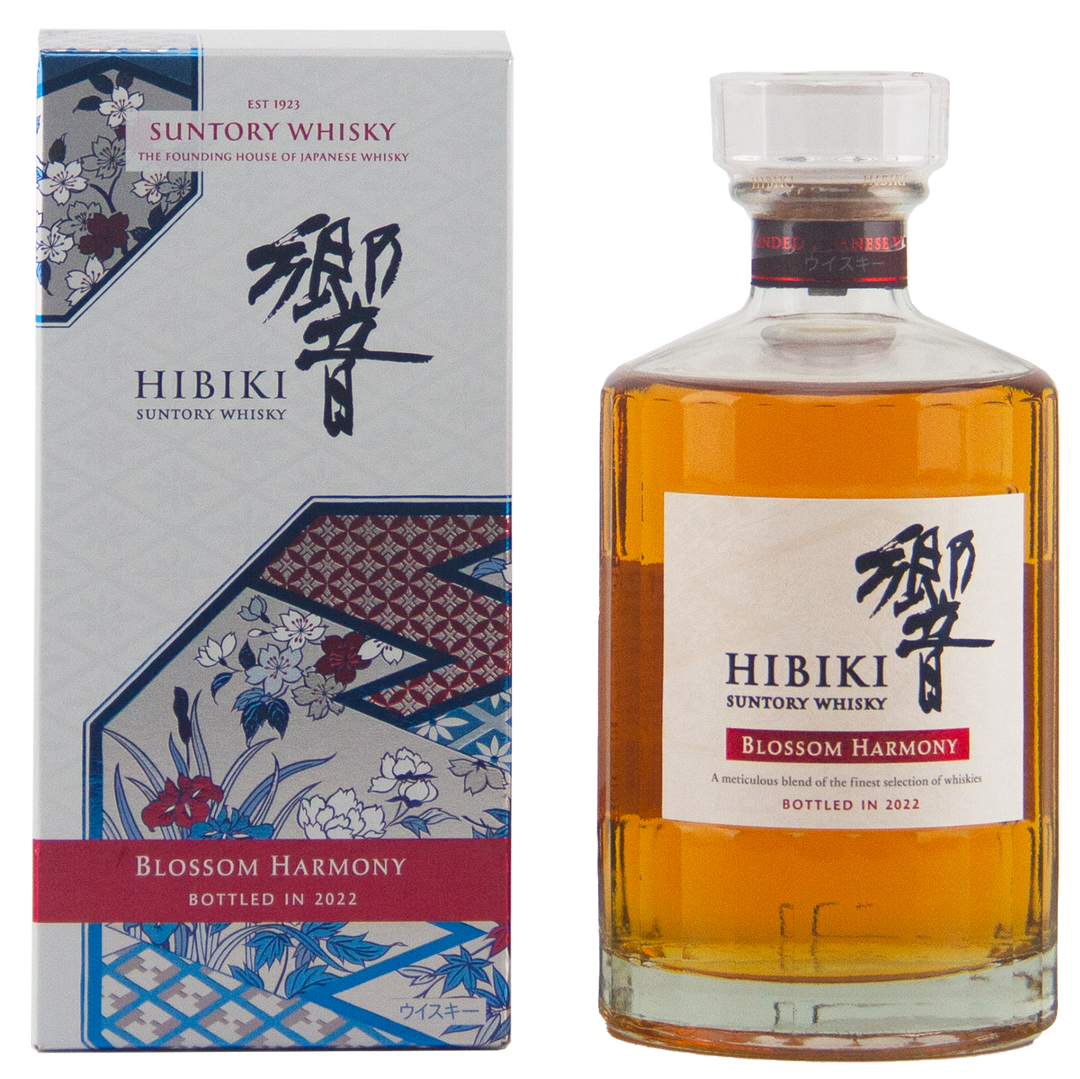 The Hibiki Blossom Harmony 2022 Limited Edition Japanese whisky stands beside its elegant box—a rare release ideal for collectors.