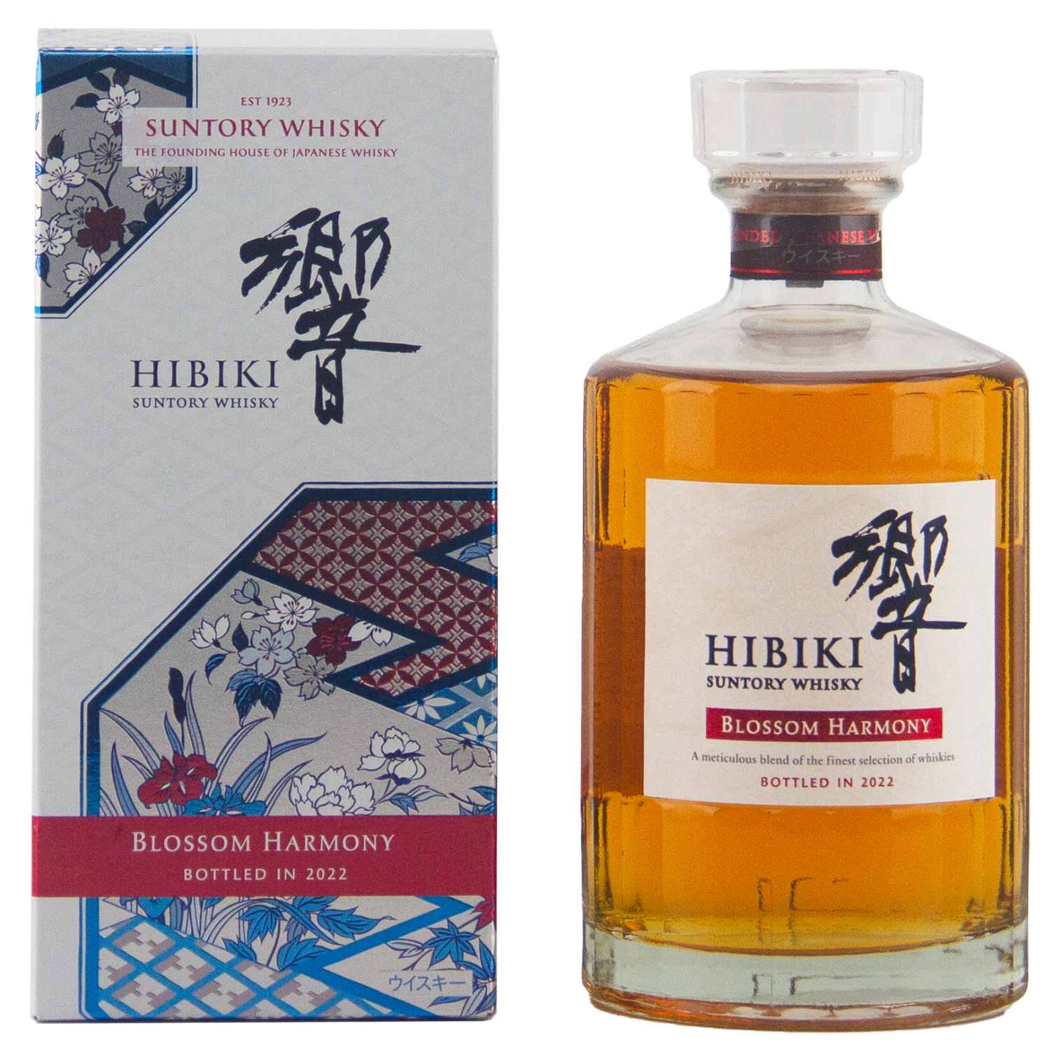 The Hibiki Blossom Harmony 2022 Limited Edition Japanese whisky stands beside its elegant box—a rare release ideal for collectors.