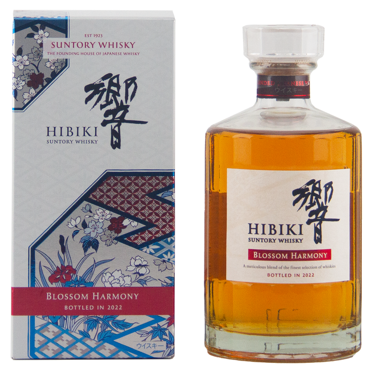 The Hibiki Blossom Harmony 2022 Limited Edition Japanese whisky stands beside its elegant box—a rare release ideal for collectors.