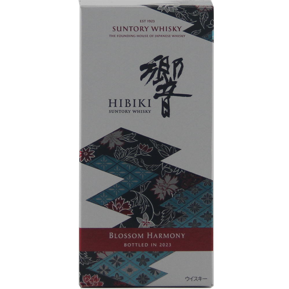 A box of Hibiki Blossom Harmony 2023 Japanese Blended Malt Whisky, a limited edition with a floral pattern in blue, red, and gold, bottled in 2023.