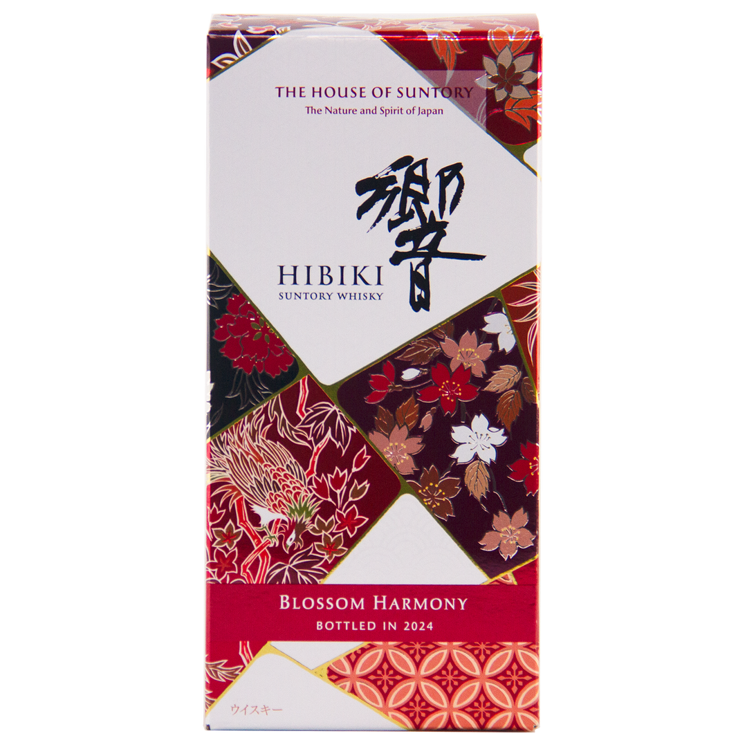 A colorful box of Hibiki Blossom Harmony 2024 Limited Edition Japanese whisky, with floral and geometric designs. Matured in sakura cask, it features "The House of Suntory" and "Bottled in 2024" on the packaging.