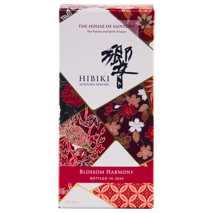 A colorful box of Hibiki Blossom Harmony 2024 Limited Edition Japanese whisky, with floral and geometric designs. Matured in sakura cask, it features "The House of Suntory" and "Bottled in 2024" on the packaging.
