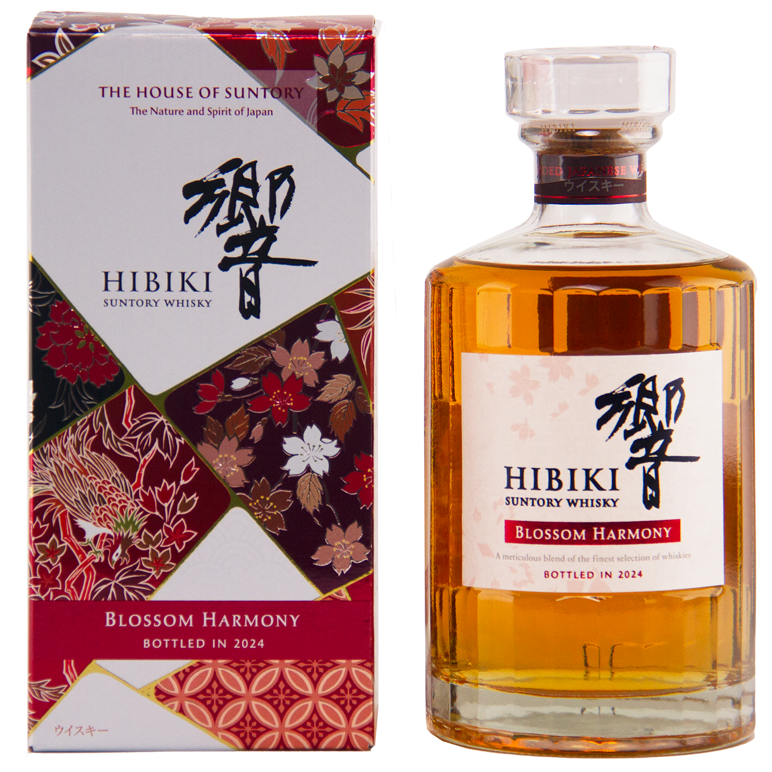 A bottle of Hibiki Blossom Harmony 2024 Limited Edition Japanese whisky stands beside its floral-patterned box, featuring a clear label and golden liquid, with red, gold, and white blossoms evoking the elegance of sakura cask aging.