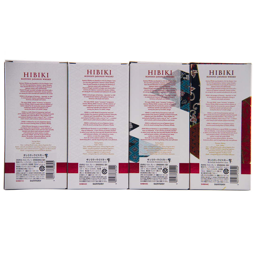 Four boxes of Hibiki Blossom Harmony Limited Edition Collection 2021 to 2024 are displayed side by side, showing their back panels with red and black text, barcodes, and Japanese motifs—a striking Suntory limited edition set.