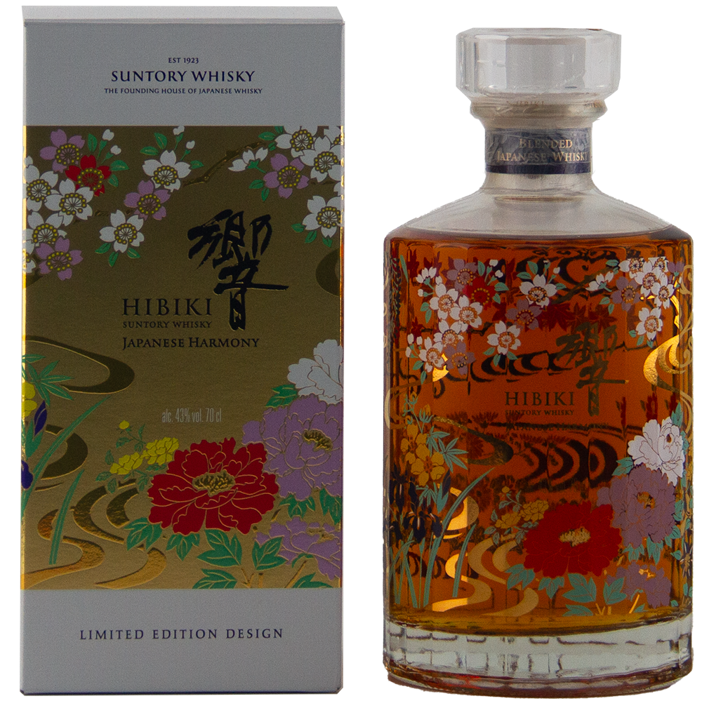 The Hibiki Japanese Harmony Limited Edition 2021 features a decorative bottle and floral-patterned box, both with gold accents, colorful flowers, Japanese calligraphy, and "Limited Edition Design" on the box.